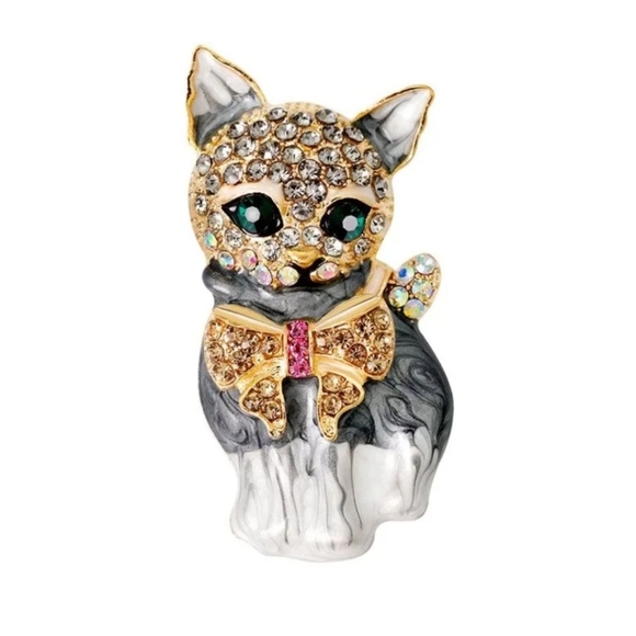 Jewelry - Sweet Kitty Cat Kitten with Bow Rhinestone Brooch Enamel Pin/Pend Cat Lover gift